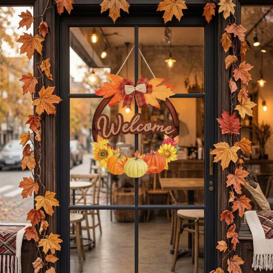 Maple Leaf Pumpkin Ornament Autumn Harvest Wooden Wreath Pendant, Front Door Hanging Ornaments with Hemp Rope, Natural Wood Seasonal Sign Pumpkins