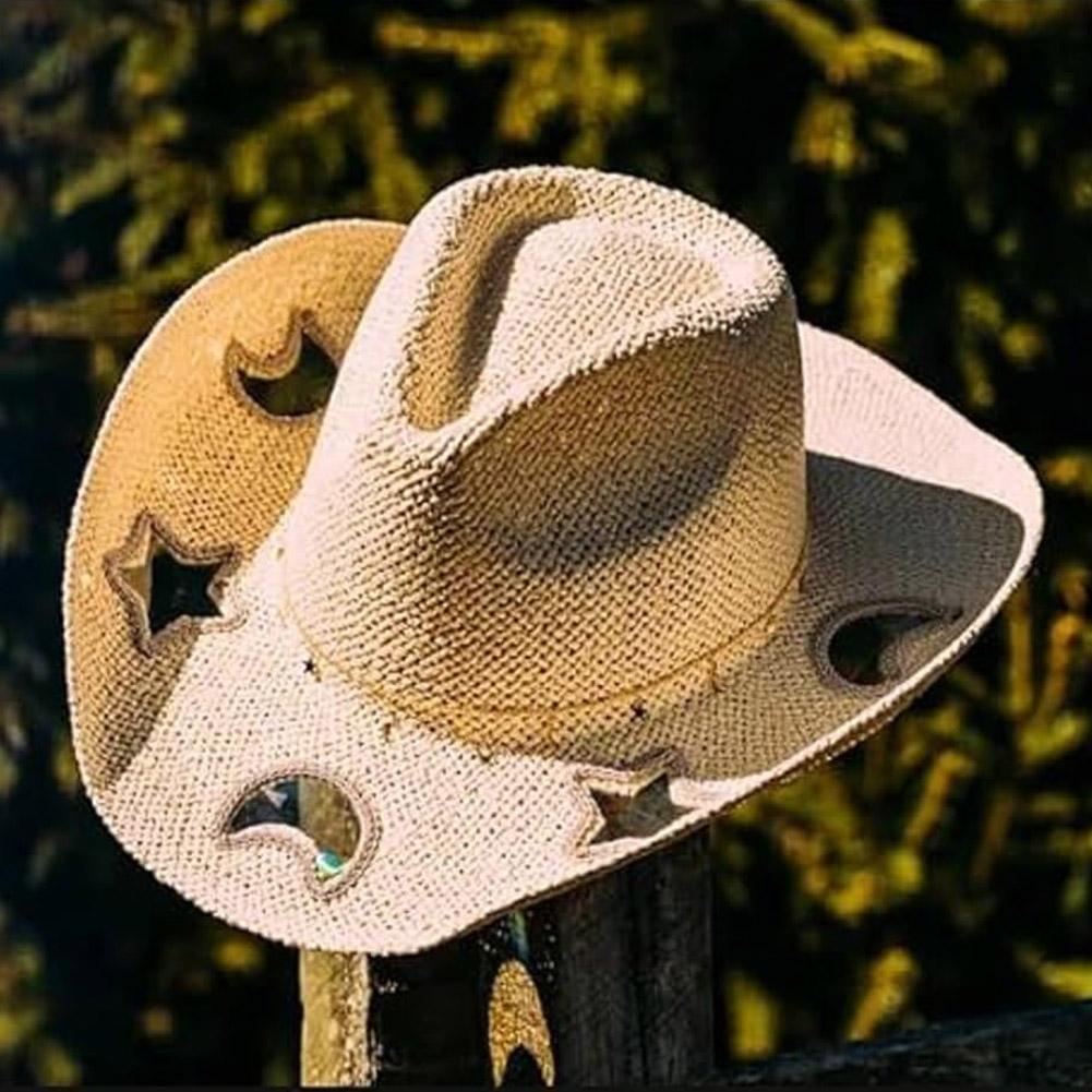 Beach Cowboy Suncatcher Cowgirl Straw Prism Hat Vintage Summer Jazz Cap Woven Sun Hat for Music Festival Party