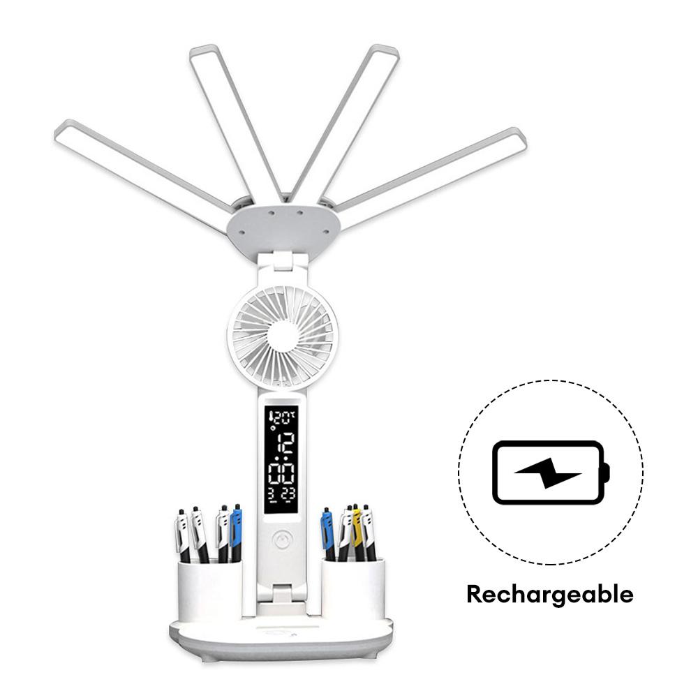 Multifunction Table Lamp LED Four-headed Folding With Fan Calendar Clock USB Rechargeable Desk Light Eye Protection Desk Lamp