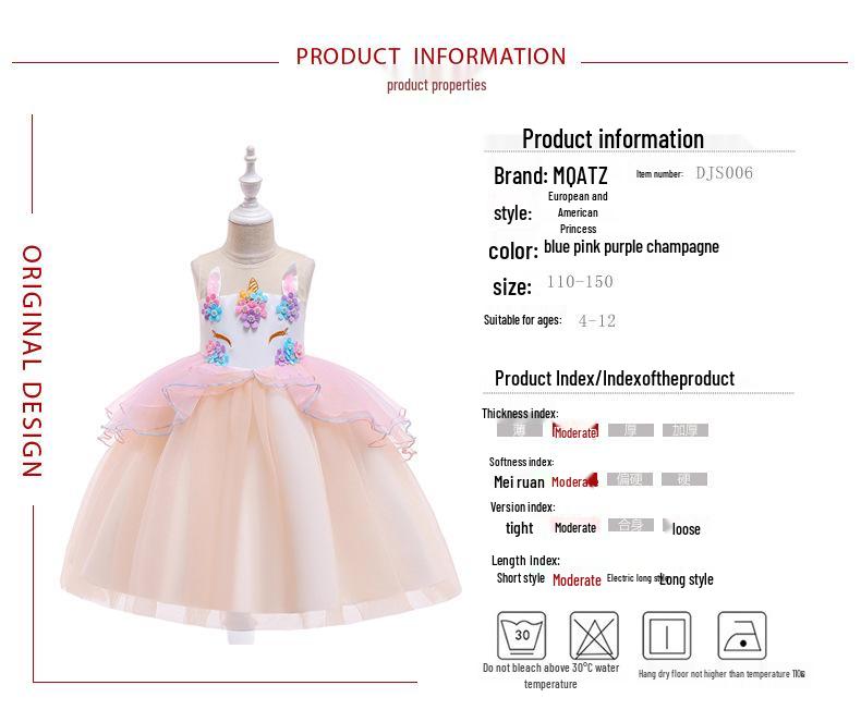 Princeznovské nadýchané šaty s jednorožcem pro dívky - Letní outfit na klavírní vystoupení