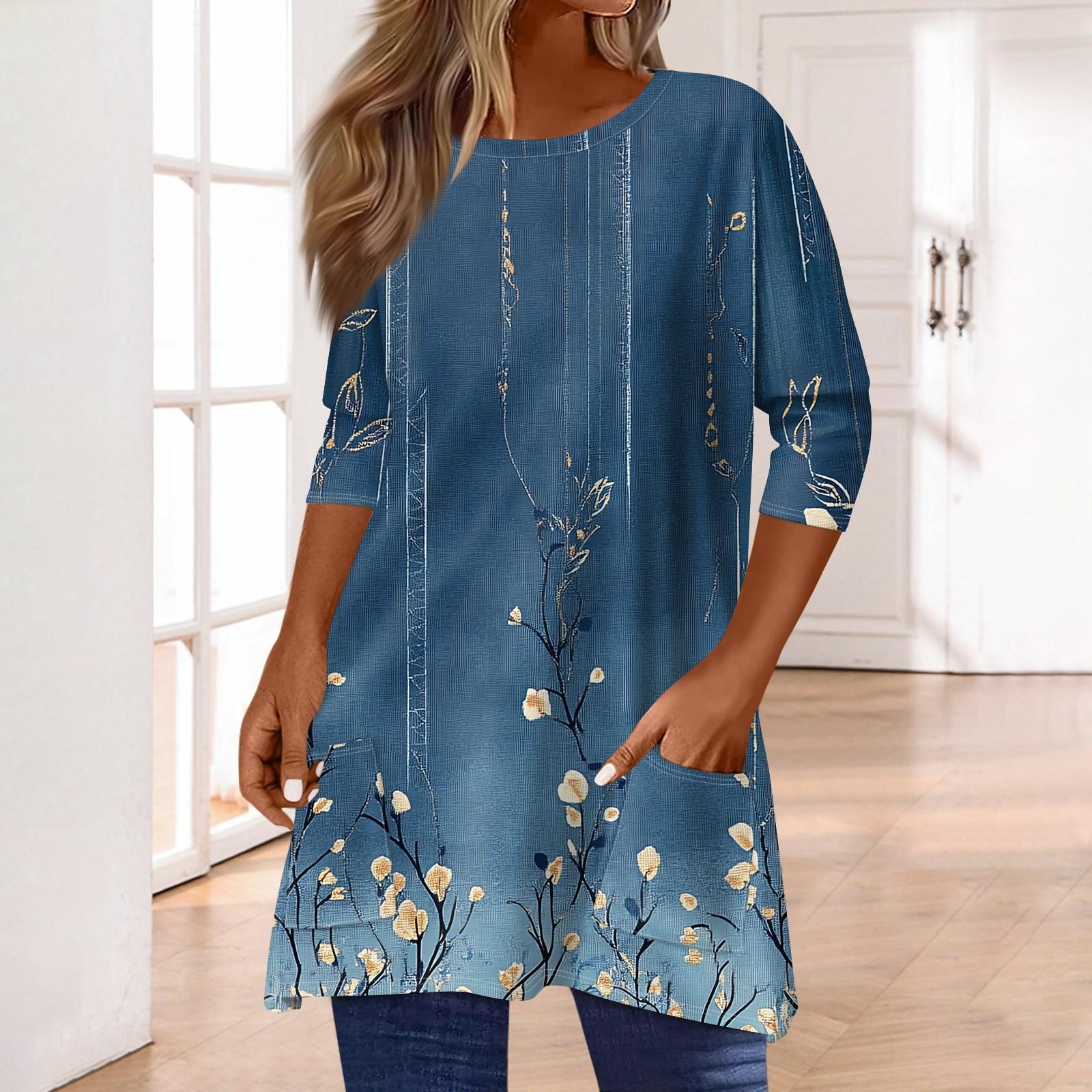 

3/4 рукава кармана топы для женщин футболка повседневный принт средней длины топы футболка круглый вырез пуловер блузка L