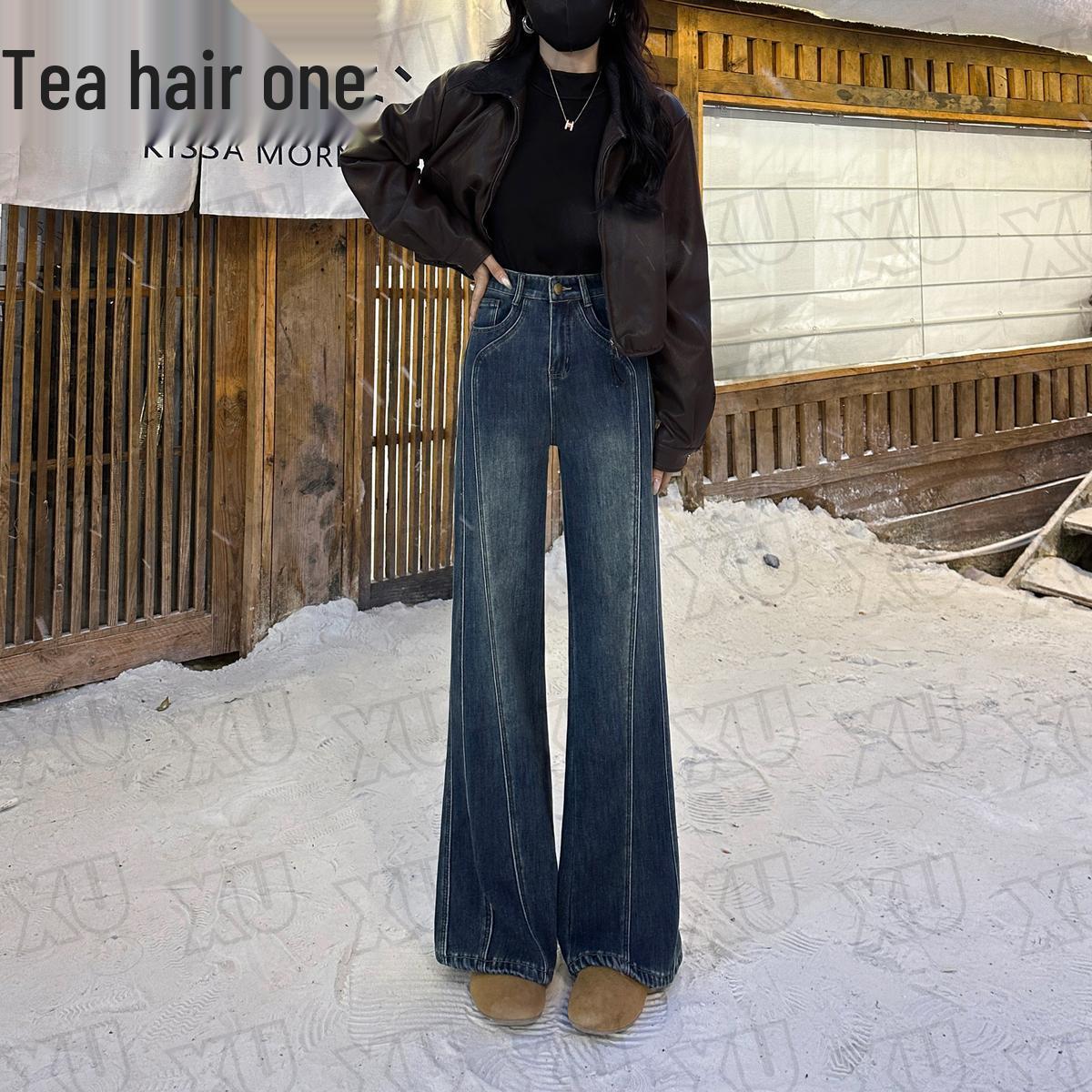 Women s Stylish Winter 2025 Blue Retro Flare Jeans: Stretchy, High-Waisted, Slimming, Plus Velvet S (45-50kg)