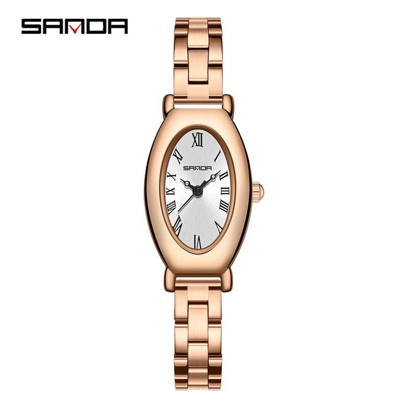 Sanda Gold Steel Band Women's Quartz Watch - Trendy, Waterproof, Simple Roman Dial, Leather Strap