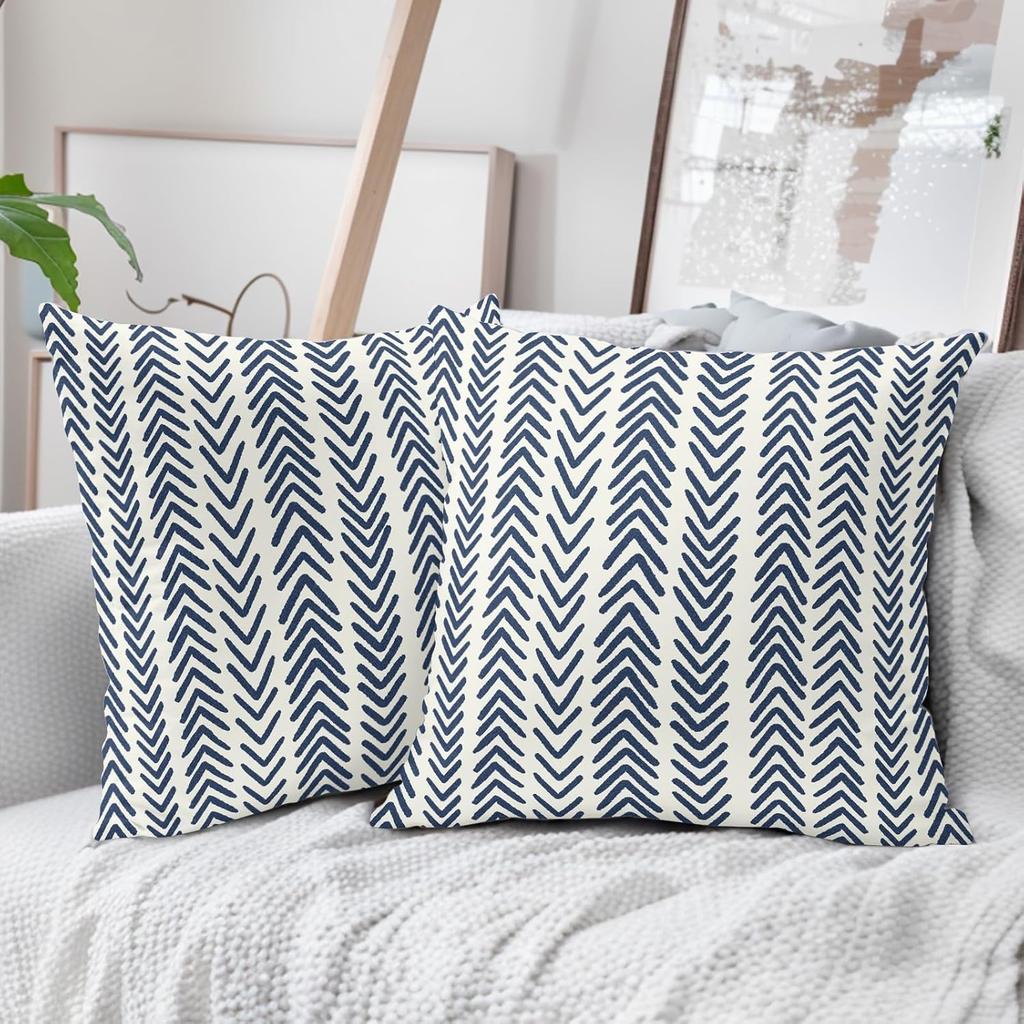 KSLIDS Navy Blue White Indigo Ivory Throw Pillow Covers Set of 2 Boho Arrow Herringbone Decorative Pillow Covers 18x18 Inch Bohemian Geometric Pillow