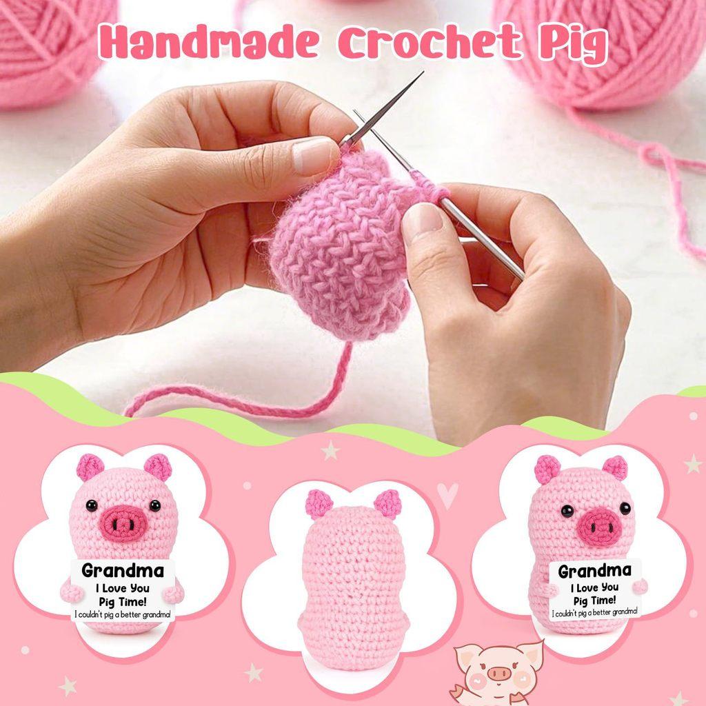 Pink Cute Pig Positive Crochet Animals Doll With Card Desktop Ornament Emotional Support Handmade Knitted Cheer Up Toy