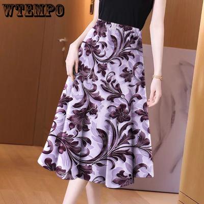 Retro Women's Printed Half Length Skirt Summer Elastic Waist Mid Length Floral Blossoms High Waist