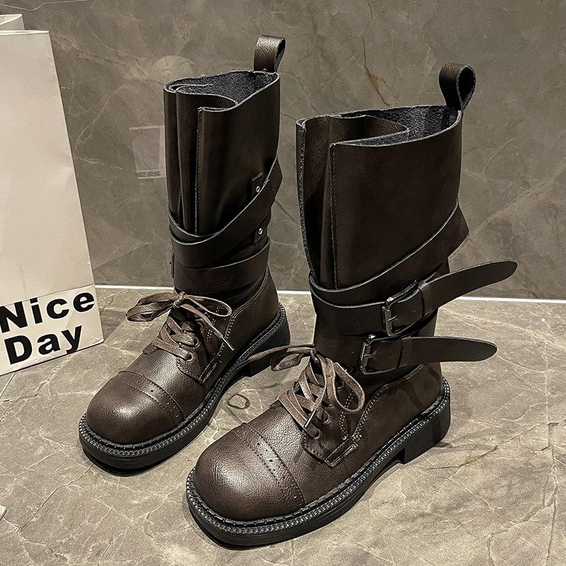 

Thick-soled belt buckle cool handsome locomotive boots women s new retro British lace-up thick heel big head Martin boots 40