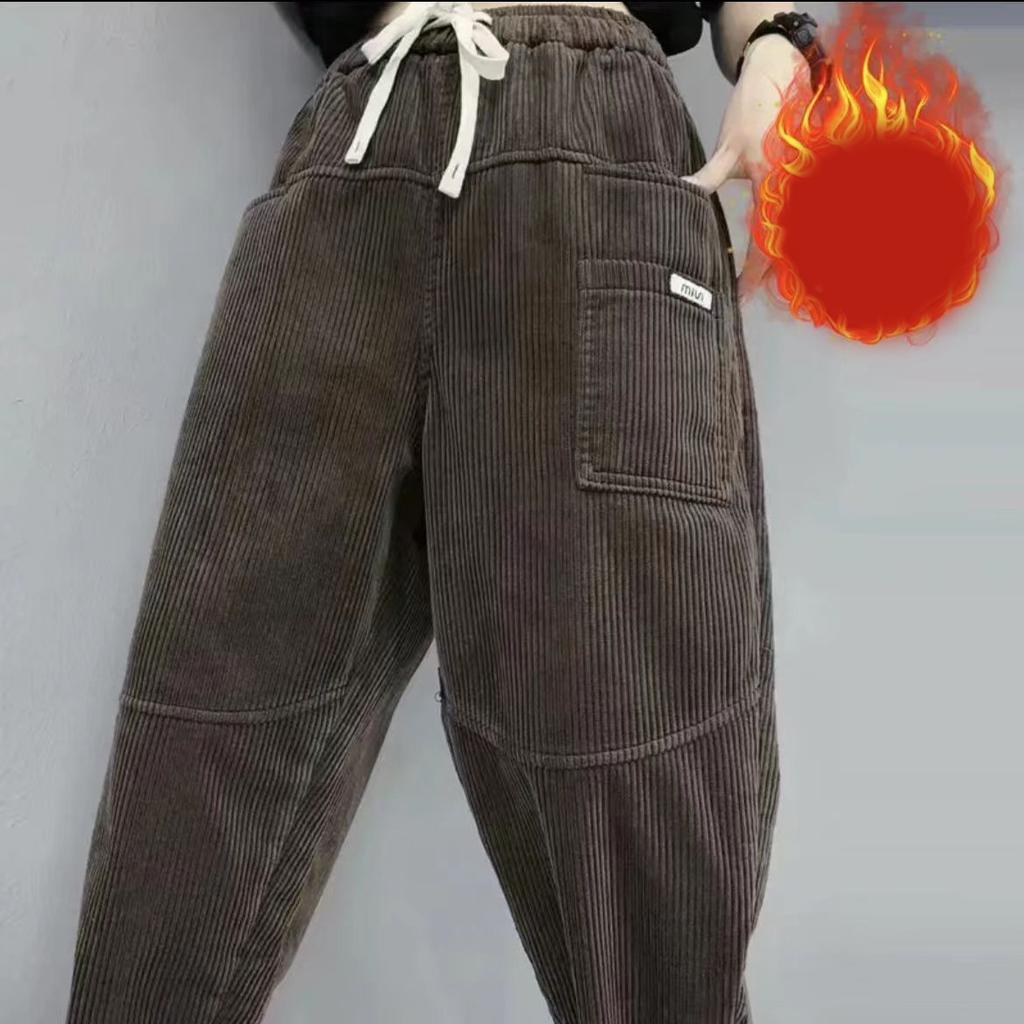 Women's Thickened Fleece Lined Corduroy Harlan Pants Winter Fashion Long Trousers Elastic Waist Loose Versatile Trendy