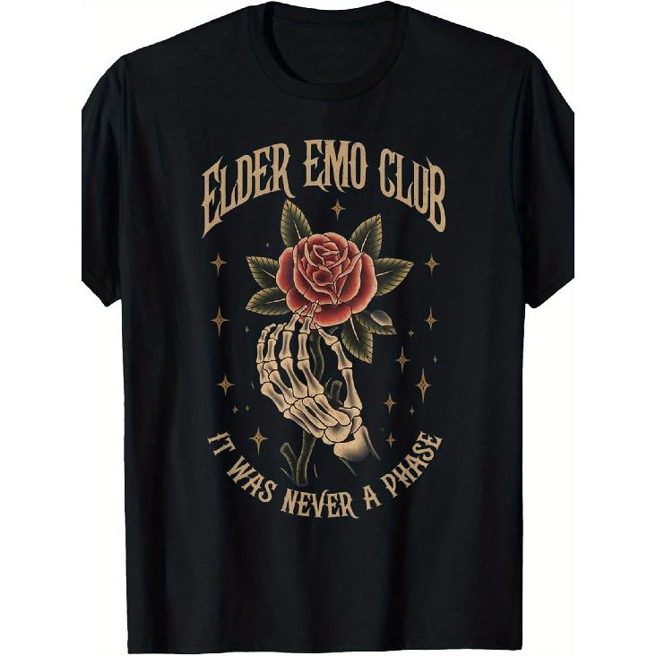 Elder Emo Club  It Was Never a Phase  Gothic Rose & Skull Graphic T-Shirt - Crew Neck Short Sleeve Tee with Golden Lettering, Edgy Slogan Print, S чёрный