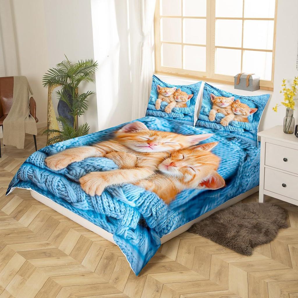 Cute Kitten Three-Piece Quilt Cover 3D Digital Printing Bedding Set Bed Cover