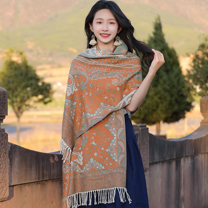 Ethnic Style Cashew Pattern Shawl Cloak Scarf: Imitation Cashmere, Thick, Dual-Purpose Women's Accessory for Autumn/Winter