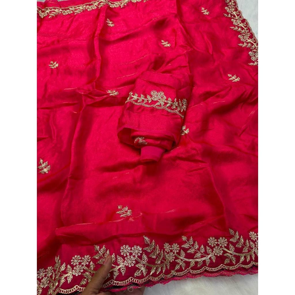 Premium Fandy satin with c pallu spring Dori embroidery work and all over sarees butta work with cutwork border