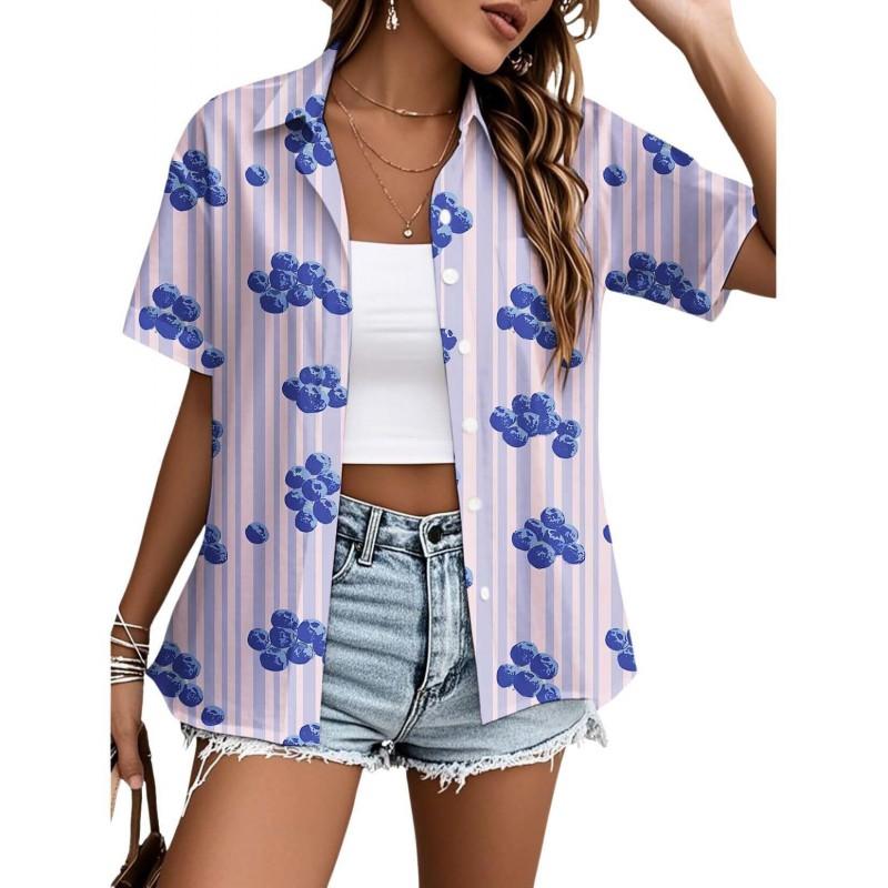 Womens Loose Fit Short Sleeve Printed Shirt Casual Vacation Style Collared Open Front Top