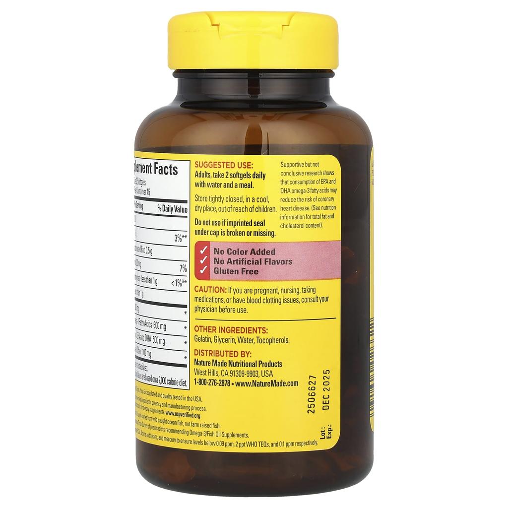 Nature Made, olej rybny, 2000 mg, 90 kapsułek miękkich (1000 mg w jednej kapsułce miękkiej)