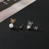2025 New Arrival White Imitation Pearl Asymmetric Stud Earrings for Women Simple Metal Bow Heart-Shaped Earrings Date Jewelry