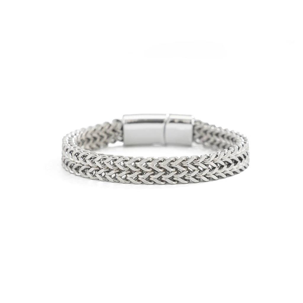 Salircon Hip Hop Punk Stainless Steel Braided Double Row Front Rear Fish Scale Titanium Steel Magnetic Buckle Bracelet Jewelry