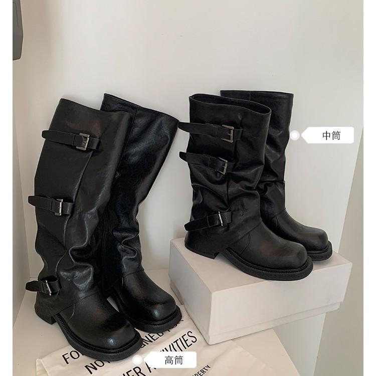 Grape Mom's same thick-soled trouser boots for women's autumn niche design belt buckle western boots pleated medium tube stacking boots