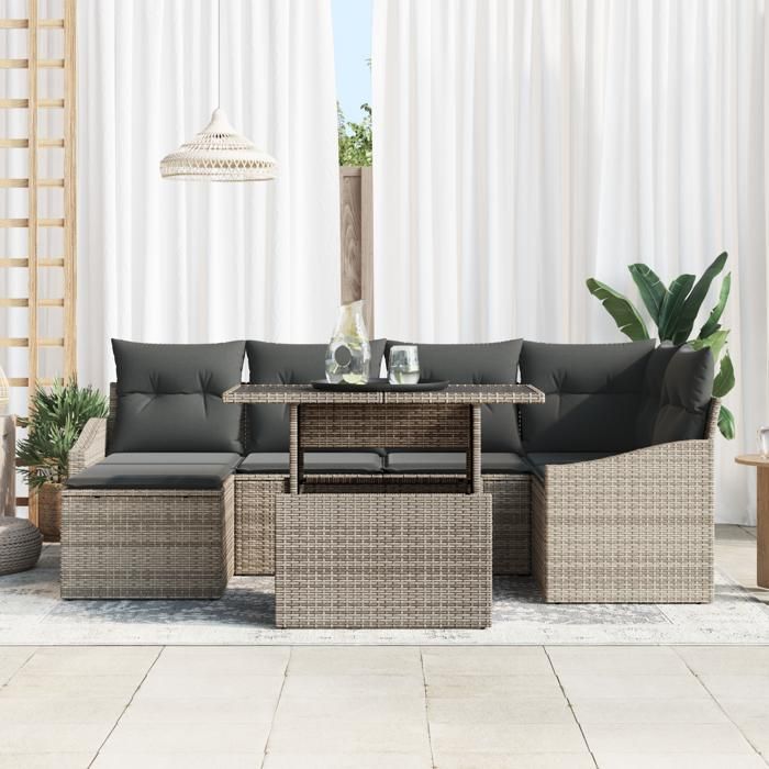 VidaXL Ensemble de Canapés de Jardin de 7 Pièces avec Coussins Gris Rattan Poly 3349035
