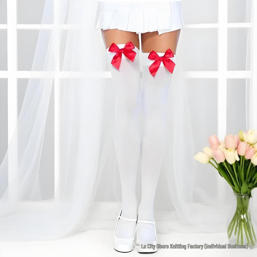 Velvet Thigh-High Socks with Red Bow for Halloween and Christmas