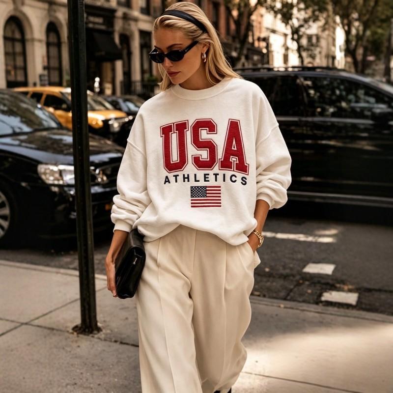 Vintage USA Letter Embroidered Crewneck Sweatshirt Unisex Loose Fit Streetwear Top