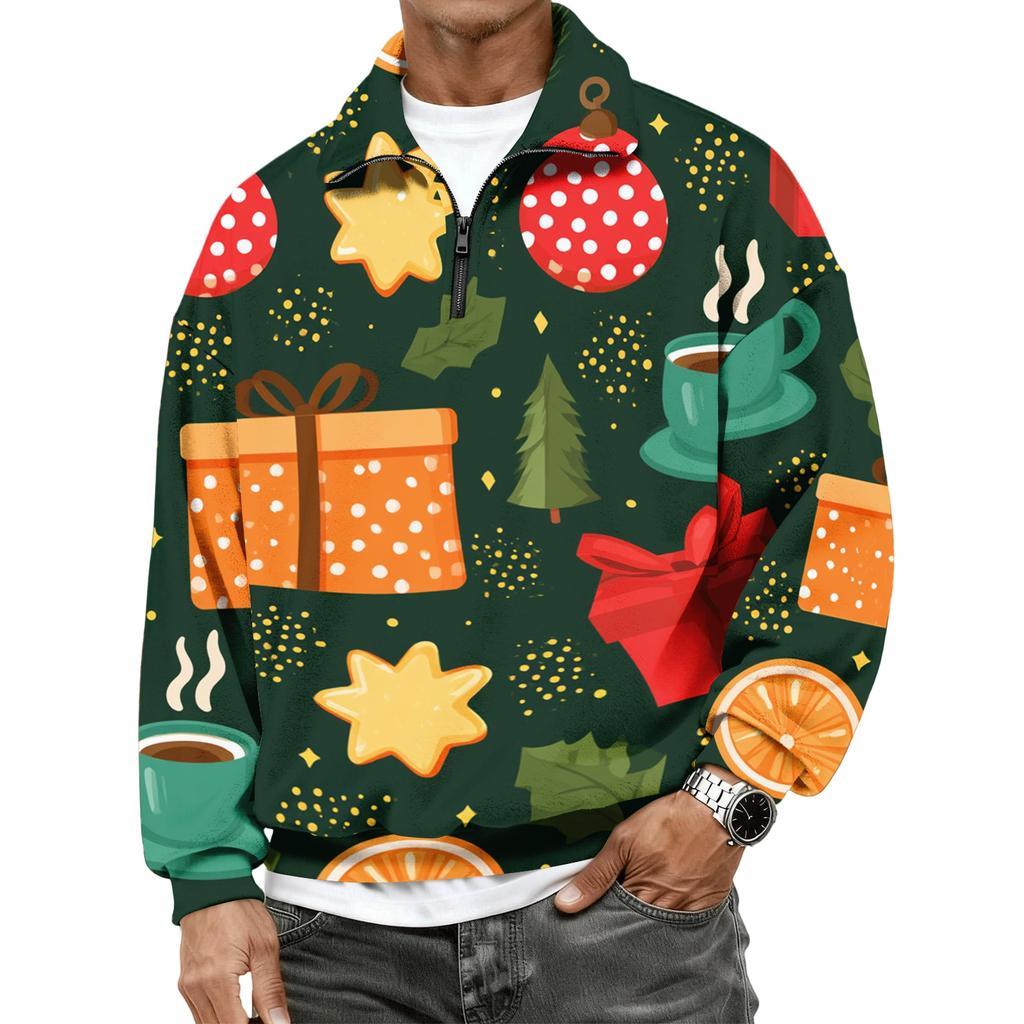 Men's Casual Flannel Quarter-Zip Long Sleeve Sweatshirt with Christmas Print