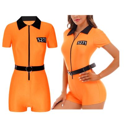 Kadın Mahkum Cadılar Bayramı Kostüm Fermuar Kısa Kollu Tulum Kemer ile Fantezi Top Cosplay Kıyafetler