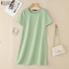 ZANZEA Women Casual Round Neck Solid Color Summer Short Sleeve Dress