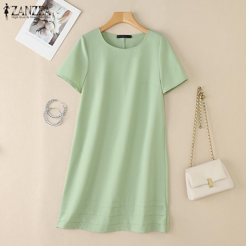 ZANZEA Women Casual Round Neck Solid Color Summer Short Sleeve Dress