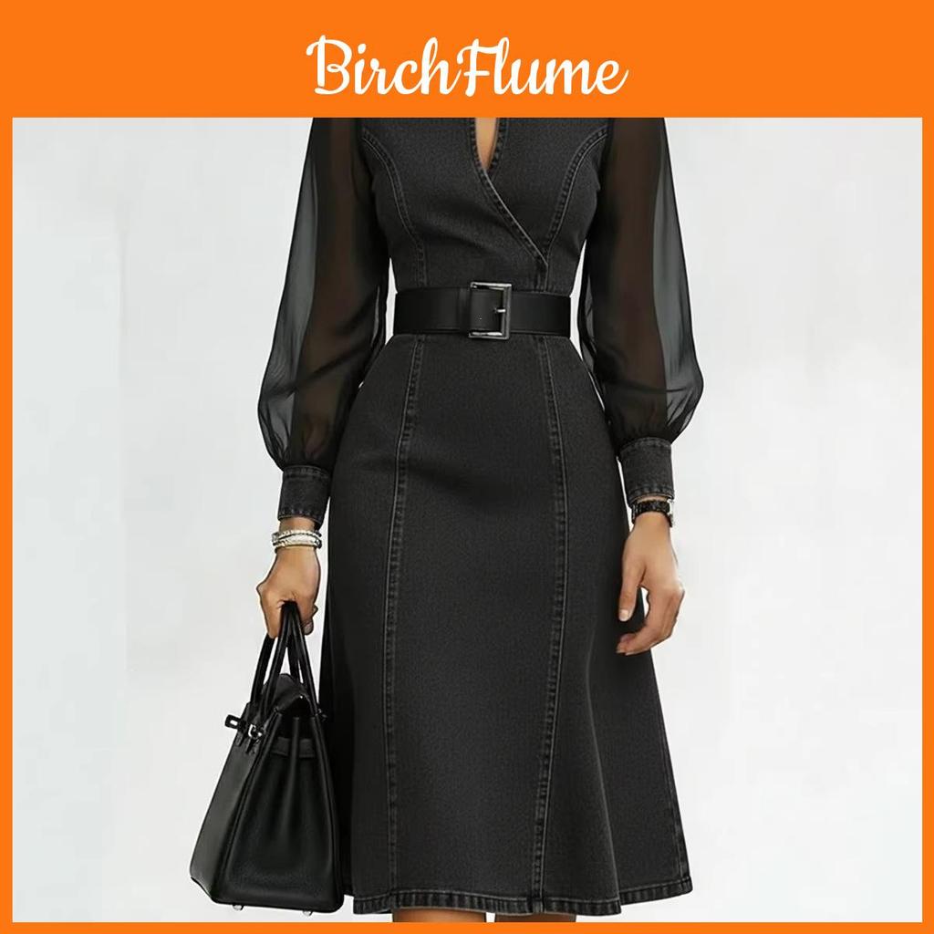 Womens Summer Long Sleeve Vneck Jeans Dress With Waist Cinch For Casual And Office Wear