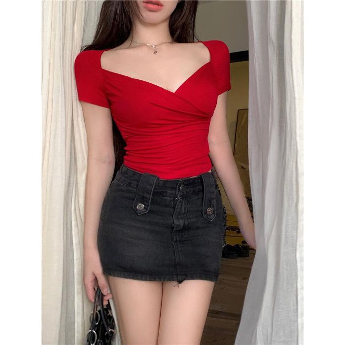 

Spice Girl Crossed V-Neck Short Sleeve T-Shirt Women s Summer Design Sense Waist Skinny Inside Grey Short Button Top Tide L червоний