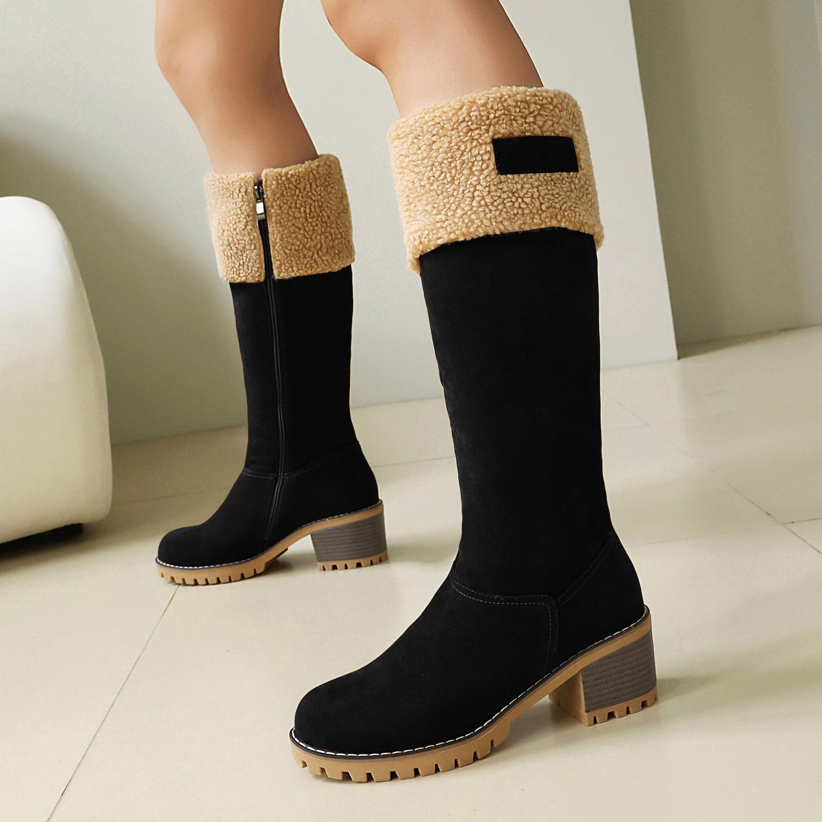 Women s Fleece Lined Warm Chunky Heeled Long Boots With A Side Zipper Solid Color Thick Sole Lace up High Heel Boots for Women 36 чёрный