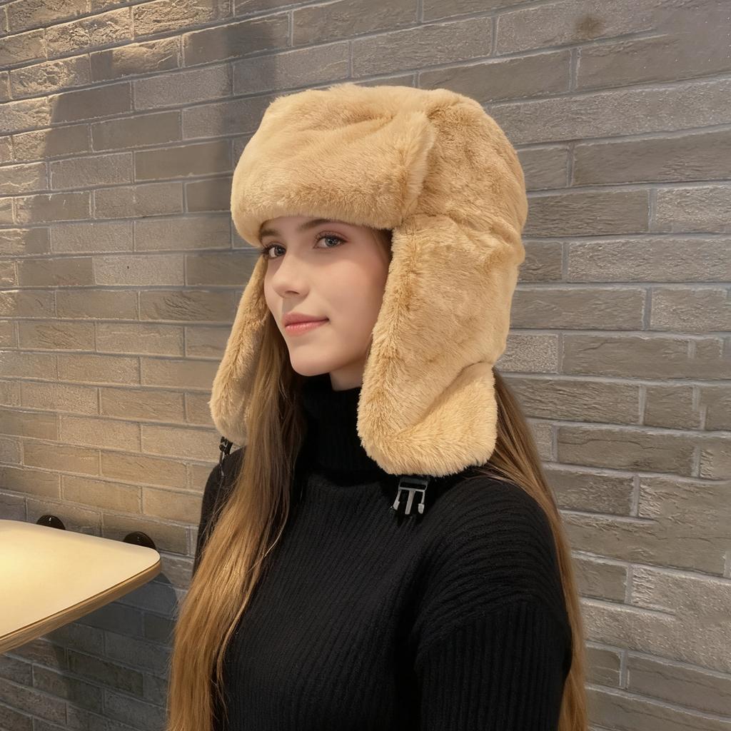 Winter Thermal Plush Faux Fur Pilot Hat with Detachable Ear Flaps -Beanie for Women , Cold Weather Skiing, Snowboarding, Hiking, Winter Hat