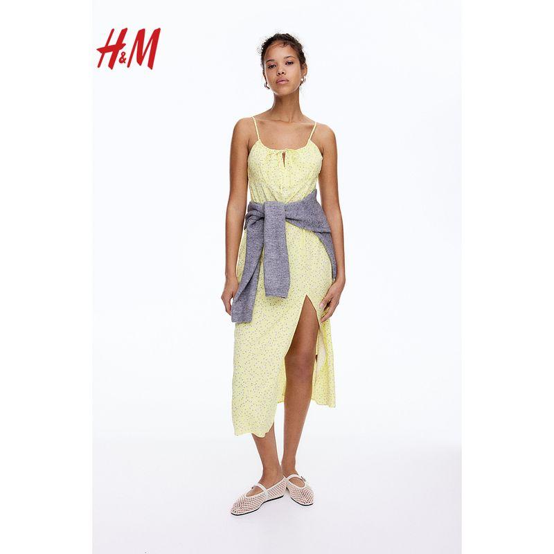

HM Women s Vest Camisole Dress Summer Breathable Silm Floral Drawstring Mid-Length Dress 1224678 Yellow/Florals 155/80A