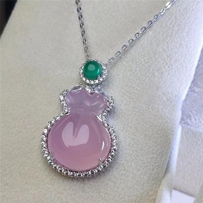 Pendentif de sac d'argent en argent sterling S925 en calcédoine rose, ornement suspendu de sac porte-bonheur en jade vert émeraude semblable à de la glace, collier en jade pour femme