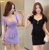 Temperament Celebrity Sexy Deep V-Neck Mesh Short Sleeve Bottom Skirt Pure Wish To Close Waist Skirt Hip Wrap Fake Two-piece Dress