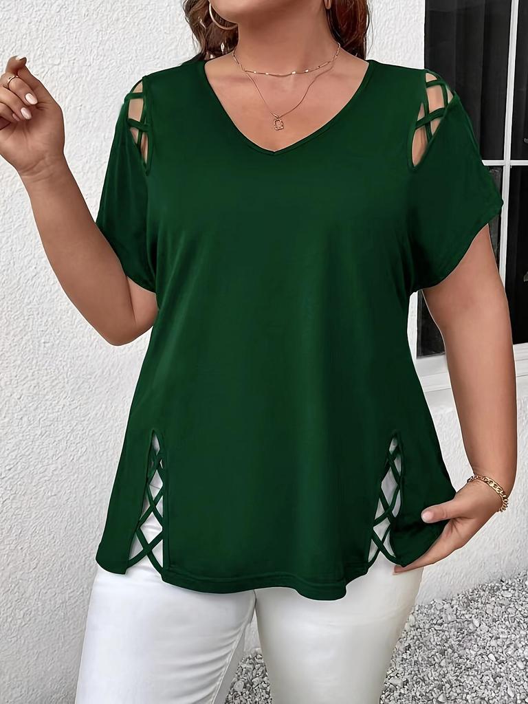2026 Plus Size V-Neck Cross Strap Hollow Short Sleeve Women's T-shirt