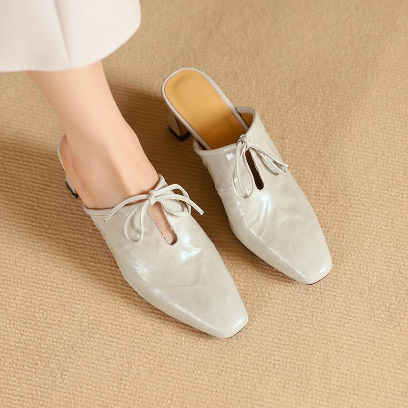 Fashion 2025 Summer/Spring Women Mules Sheepskin Leather Shoes for Women Square Toe High Heel Slippers Cover Toe Slingback Sandals Shoe