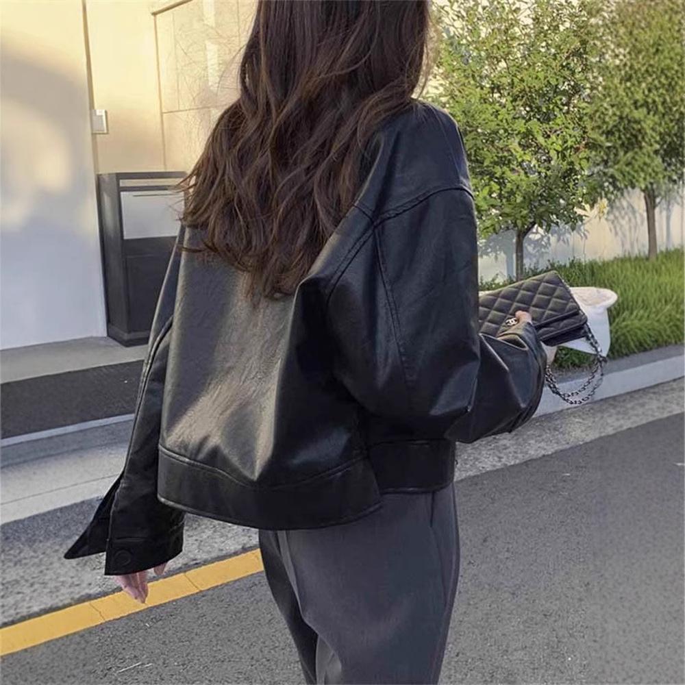 Korean chic autumn niche handsome lapel single-breasted loose casual long-sleeved locomotive suit leather jacket short coat women