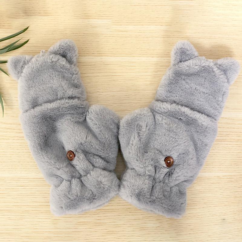 Damen Plüsch Warme Handschuhe Fell Lieblich Hase Katze Fäustlinge Klappbare Fingerlose Handschuhe Weiche Mädchen Dicke Handschuhe Flexibel Halbfinger Winter