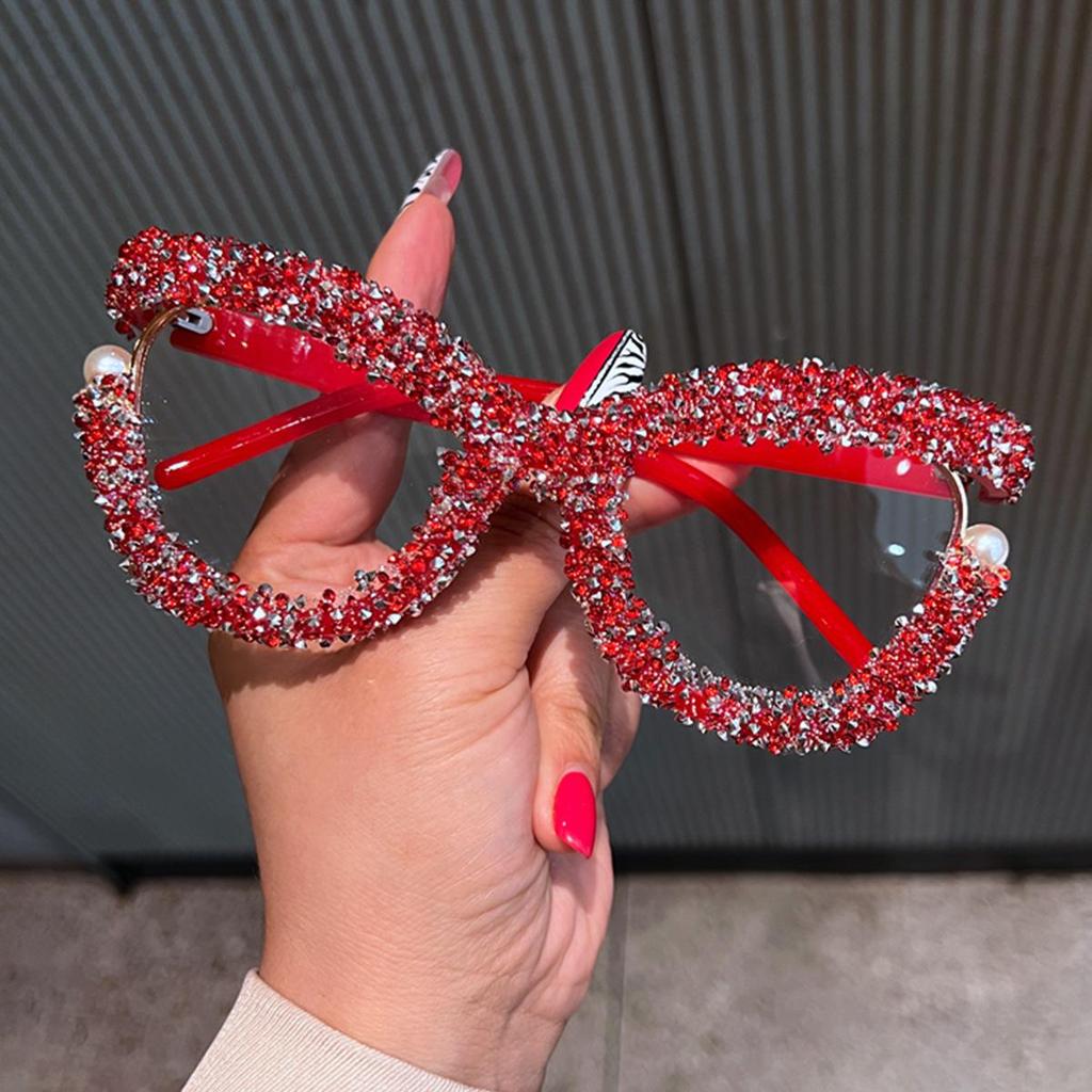 Candy Color Large Frame Pearl Rhinestone Decor Anti-Blue Light Glasses