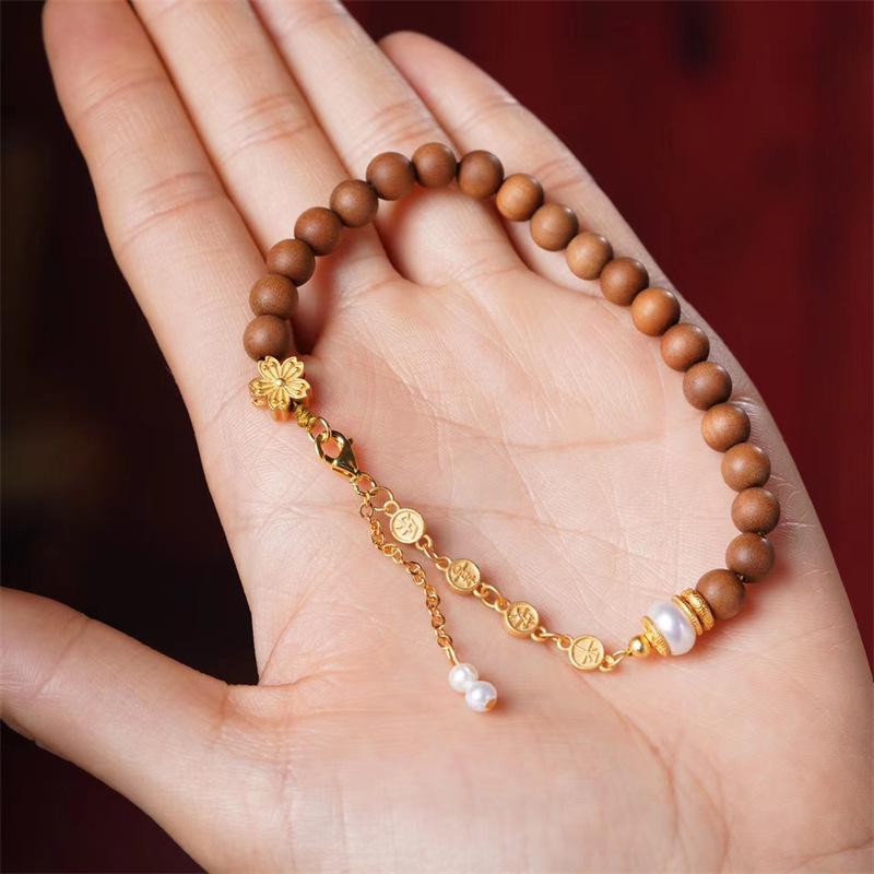 Indian Old Mountain Sandalwood & Pearl Silver-Plated Small Flower Beaded Bracelet