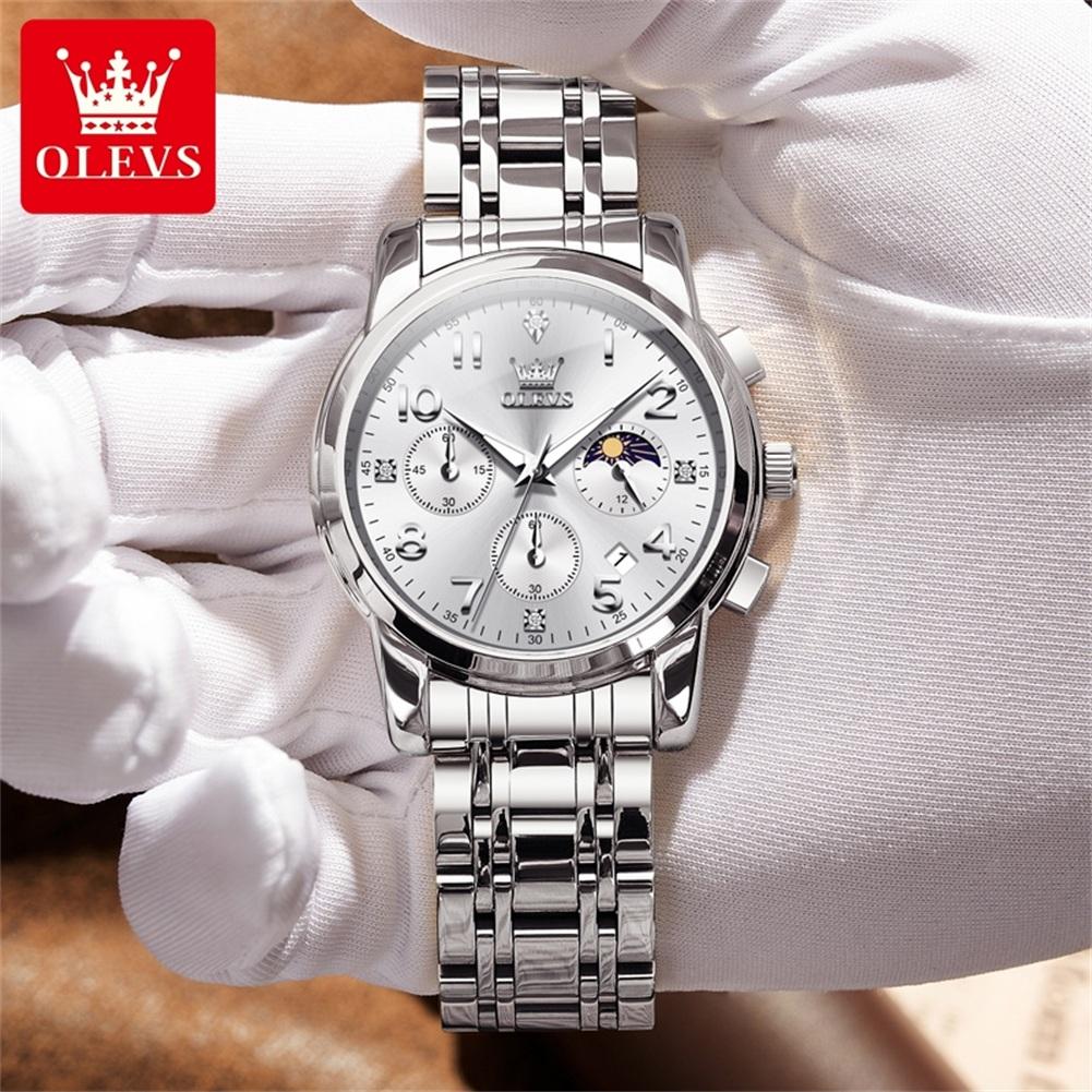 OLEVS Mulitifunction Quartz Watch for Men Original Stainless Steel Waterproof Luminous Chronograph Moon Phase Man Watch