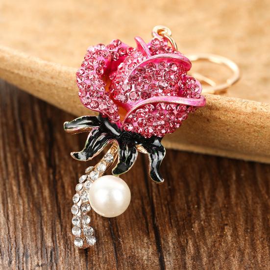Keychain Pendant Sparkling Rhinestones Inlaid Imitation Pearl Rose Design Key Chain Lightweight Car Bag Decorative Accessory