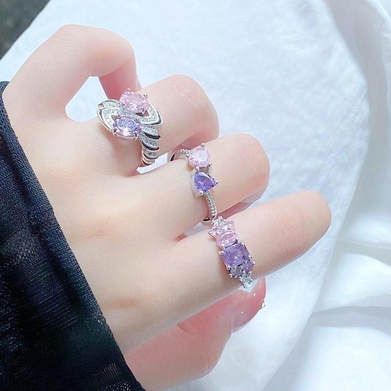 [Twin Crystal Love] Pink Purple Full Diamond Zir*****Pening Ring Niche Light Luxury High Sense Sweet Treasure Ring Girl