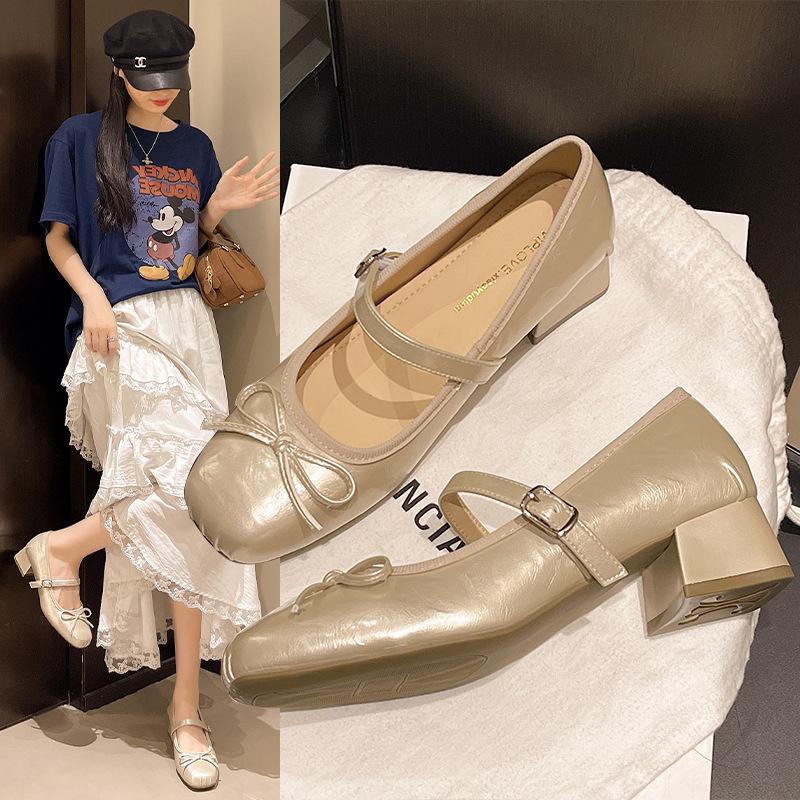 French Fairy Style Red Square Head Mary Jane Shoes Girl Spring 2025 New Bow Flat Ballet Shoes