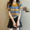 Hollow Out Color Striped Short Sleeved Knitted Sweater for Women French Style Slimming Top