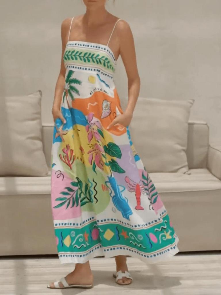 2026 New Beach Style Sleeveless Spaghetti Strap Dress with Positioning Print for Women