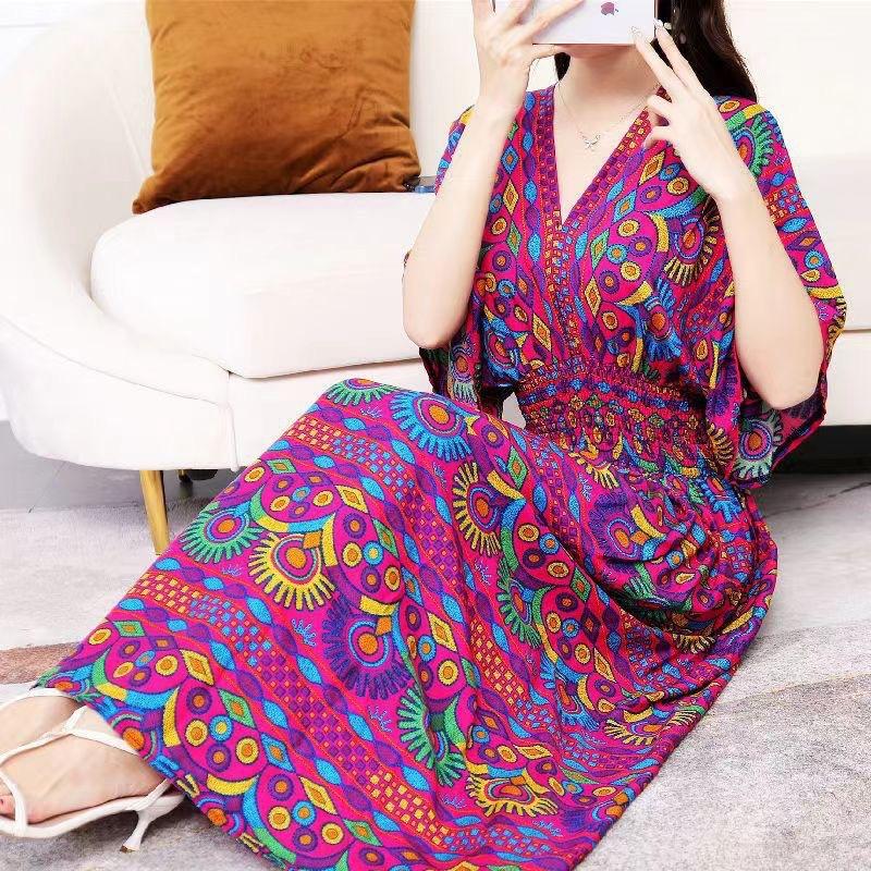 Ethnic Style V-neck Cotton and Silk Short-sleeved Beach Dress Thailand Travel Dress Summer Print Vacation Floral Skirt