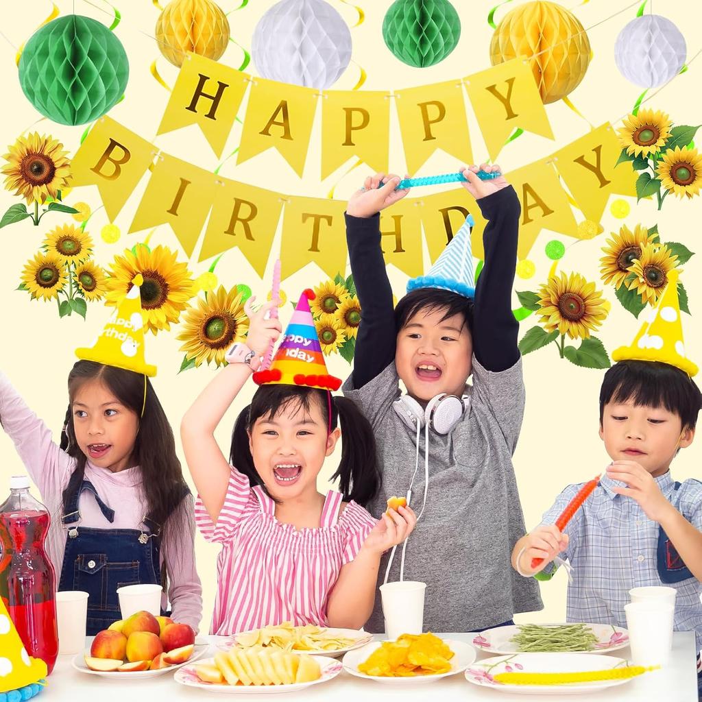 Sunflower Birthday Party Decorations Green Yellow Sunflower Banner with Honeycomb Balls Hanging Swilrs and Circle Dot Garland for Boy Girl Sunflower