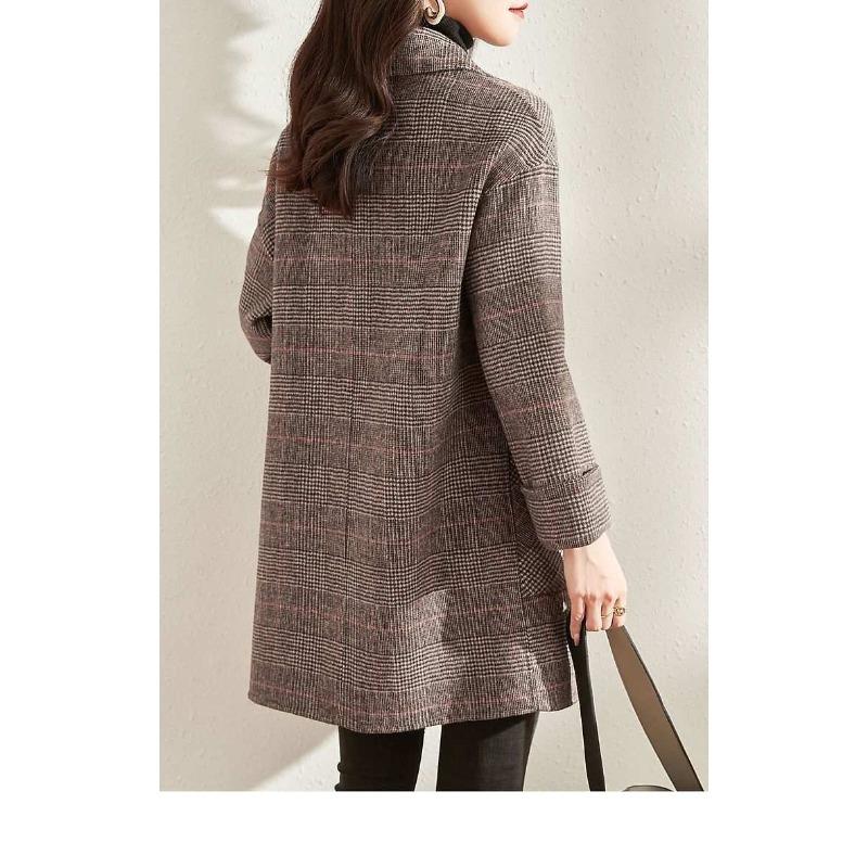 Houndstooth Wool Jacket for Women Mid-length Plaid Suit Woolen Coat
